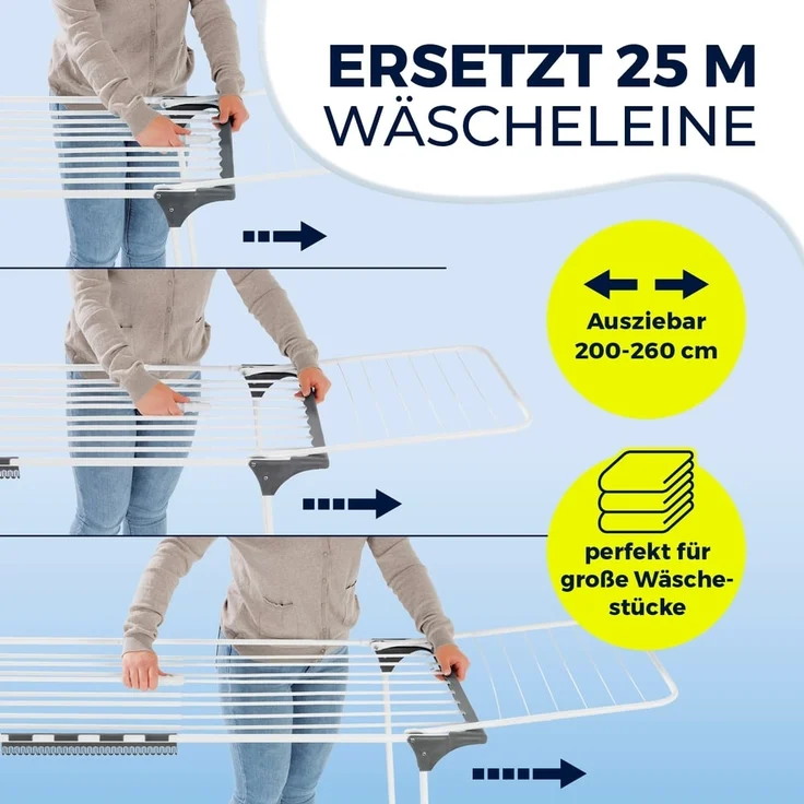 EASYmaxx Wäscheständer XXL ausziehbar bis 260 cm, Standtrockner mit Rollen, Kleidung platzsparend aufhängen klappbar Wäsche trocknen – Bild 2