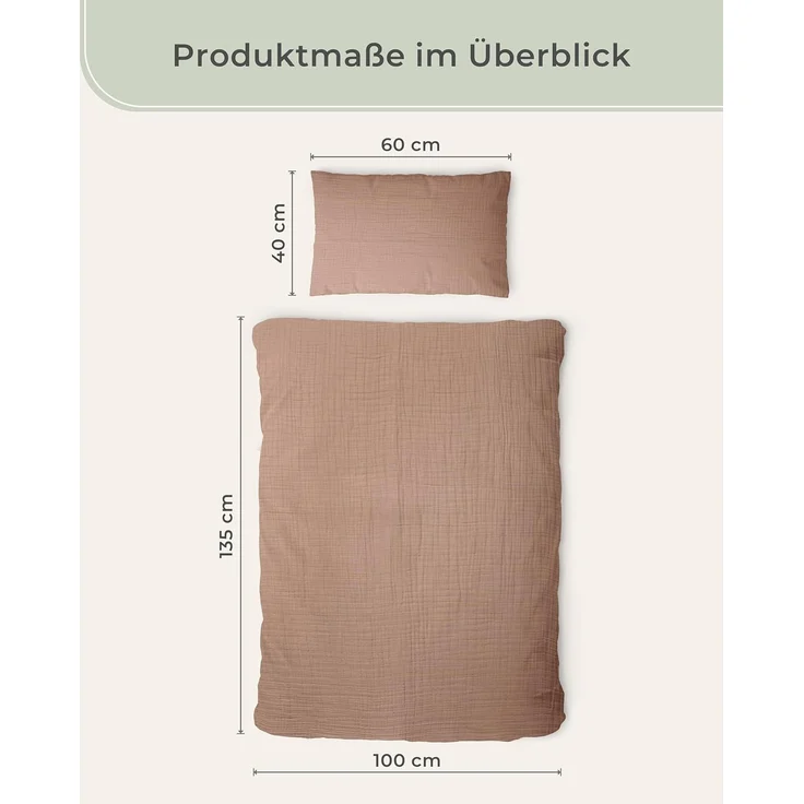 Laynenburg Kinderbettwäsche Musselin 2 teilig aus 100% Baumwolle in 100x135 cm + 40x60 cm, atmungsaktiv & bügelfrei – 3 lagig mit Reißverschluss & Haltebändern – Bild 3