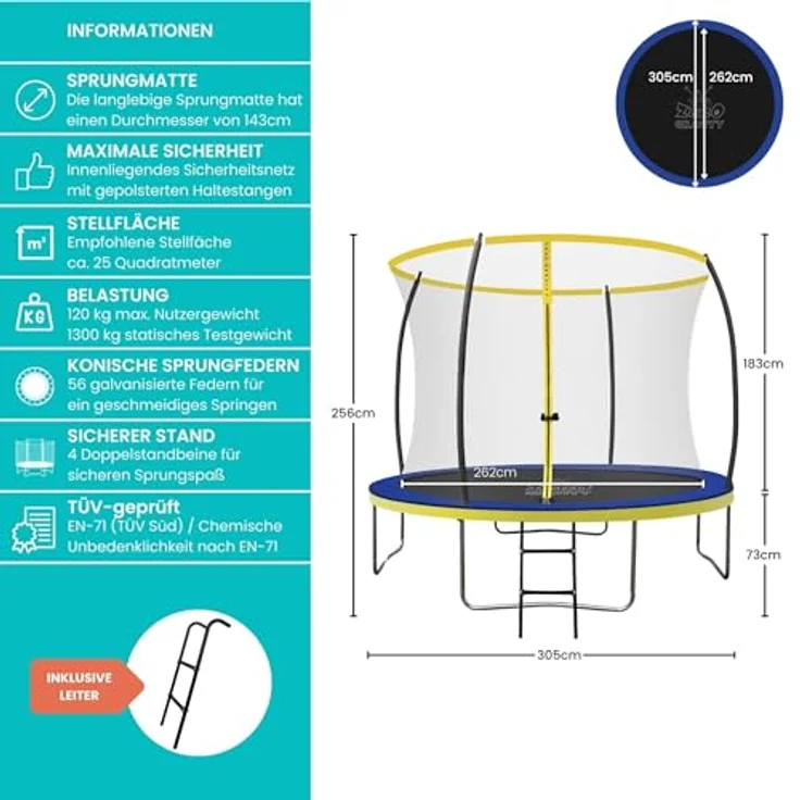Ultima 4 Zero Gravity Trampolin Ø 305 cm, inkl. Leiter und Sicherheitsnetz, TÜV geprüft, Nutzer bis 120kg – Bild 6