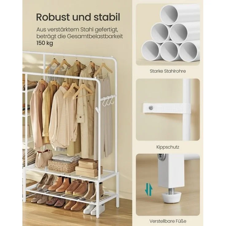 SONGMICS Kleiderständer, offener Kleiderschrank, Garderobenständer mit 7 Ablagen, Kleiderstange, weiß – Bild 5