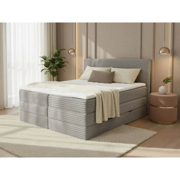 Boxspringbett Mollo XL mit 2 Bettkästen und Topper, mit Taschenfederkern- und Bonellfederkernmatratze, Doppelbett, Polsterbett aus Cordstoff mit Stauraum (Grau (Tilia 86), 160 x 200 cm)