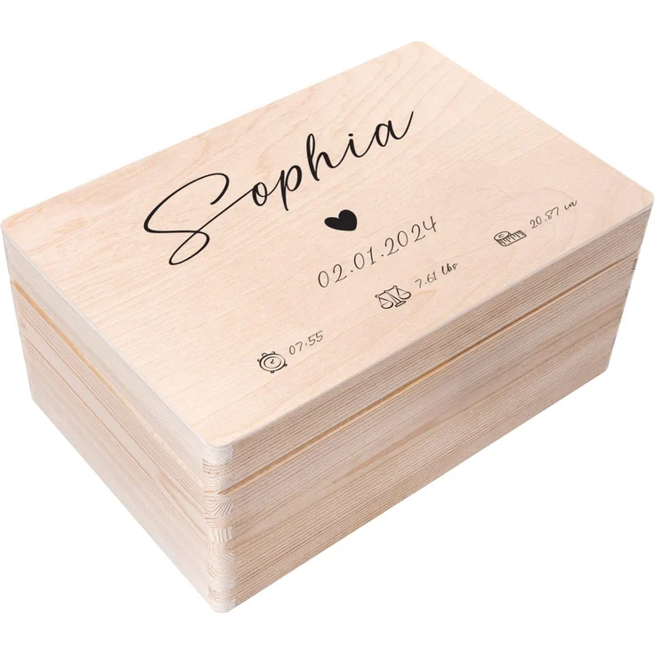 Creative Deco Erinnerungsbox Baby Personalisiert Herz mit Namen 30x20x14 cm | Individuelle Erinnerungskiste Geschenk zur Geburt für Mädchen und Jungen | Holzkiste mit Deckel | Farbdruck