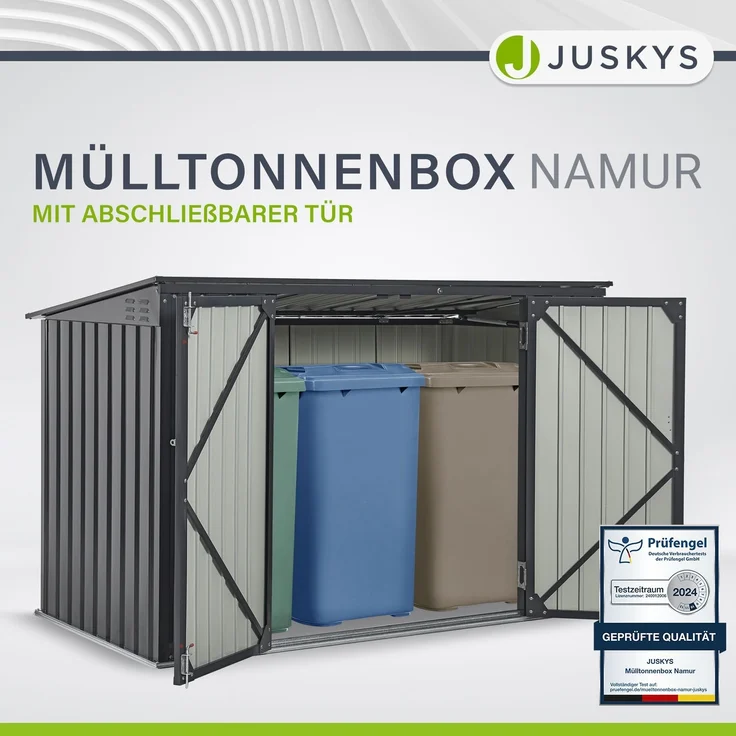 Juskys 3er Mülltonnenbox Namur 3 x 120 Liter Tonnen - 2 m² - 2 große Türen - Metall Mülltonnenverkleidung Müllbox Müllhaus Aufbewahrungsbox – Bild 2