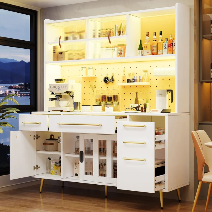 EINHOM Modernes Sideboard mit LED-Beleuchtung, Hochschrank für Küche & Wohnzimmer, Aufbewahrungsschrank mit Lochwand, Schublade & Glastür, Weiß – Bild 4