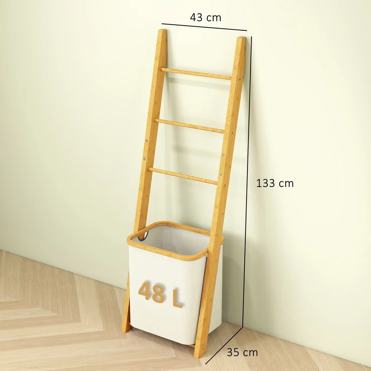 MELAYR, Badregal, 2-in-1 Badezimmerregal mit 3 Stangen, abnehmbarer 48L-Wäschekorb, Bambus, 43 x 35 x 133 cm, Cremeweiß – Bild 5