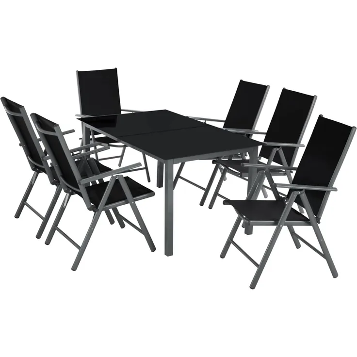 tectake® Sitzgarnitur Aluminium Klappstühle, Lounge Set mit 6X Stühle und 1x Glastisch Esstisch, Gartenmöbel Set wetterfest für den Balkon, Gartenstühle, Terrassenmöbel, Liegestuhl - anthrazit