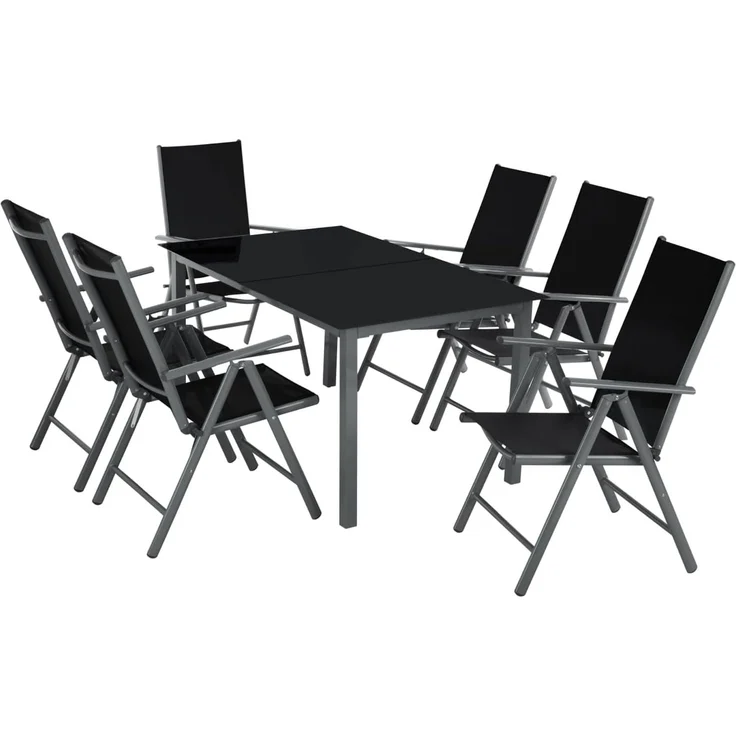 tectake® Sitzgarnitur Aluminium Klappstühle, Lounge Set mit 6X Stühle und 1x Glastisch Esstisch, Gartenmöbel Set wetterfest für den Balkon, Gartenstühle, Terrassenmöbel, Liegestuhl - anthrazit