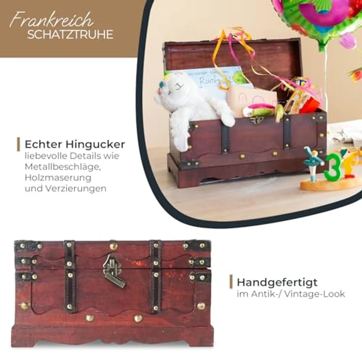 HMF Schatzkiste Schatztruhe Frankreich aus Holz mit dekorativem Metallschloss (1 St), handgefertigte Holztruhe, 40 x 20 x 22 cm – Bild 3