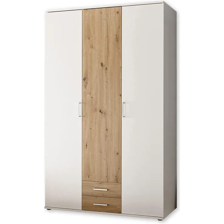 MARBURG Kleiderschrank in Weiß, Artisan Eiche Optik - Vielseitiger Drehtürenschrank 3-türig für Ihr Schlafzimmer - 120 x 196 x 54 cm (B/H/T)