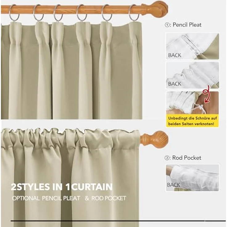 Deconovo Gardinen für Schienensystem Blickdicht Vorhänge UV-Schutz Beige | 2er Set, H 160 x B 132 cm, Vorhänge mit Kräuselband, Hitzeschutz, Schlafzimmer Gardinen, Gardinen Kurz, für Schienensystem – Bild 5