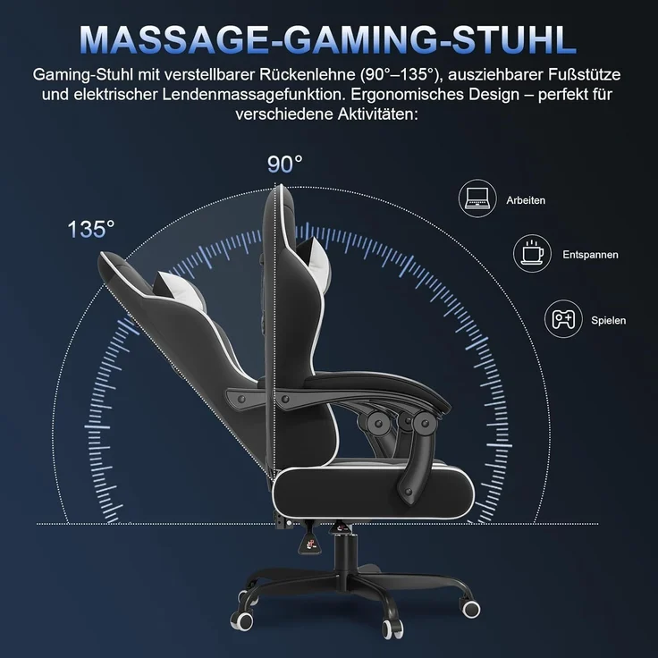JUMMICO Gaming Stuhl mit Massagefunktion, Bürostuhl Ergonomisch 150kg, Gamer Stuhl mit 50 cm Extrabreites Sitzkissen, Weiß Schwarz – Bild 7