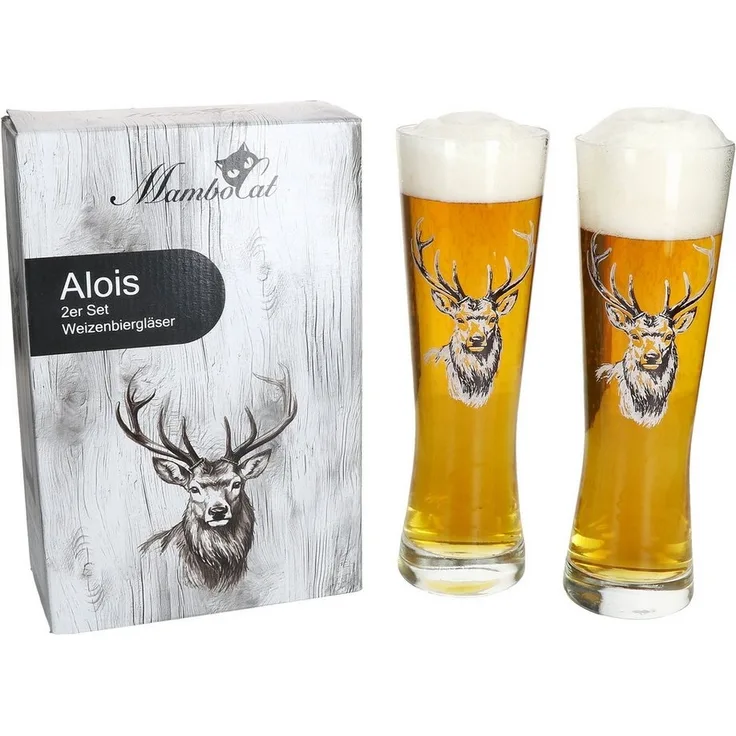MamboCat Bierglas Alois 2er Set Weizenbierglas 0,5 L Hirschmotiv Geschenkverpackung, Glas