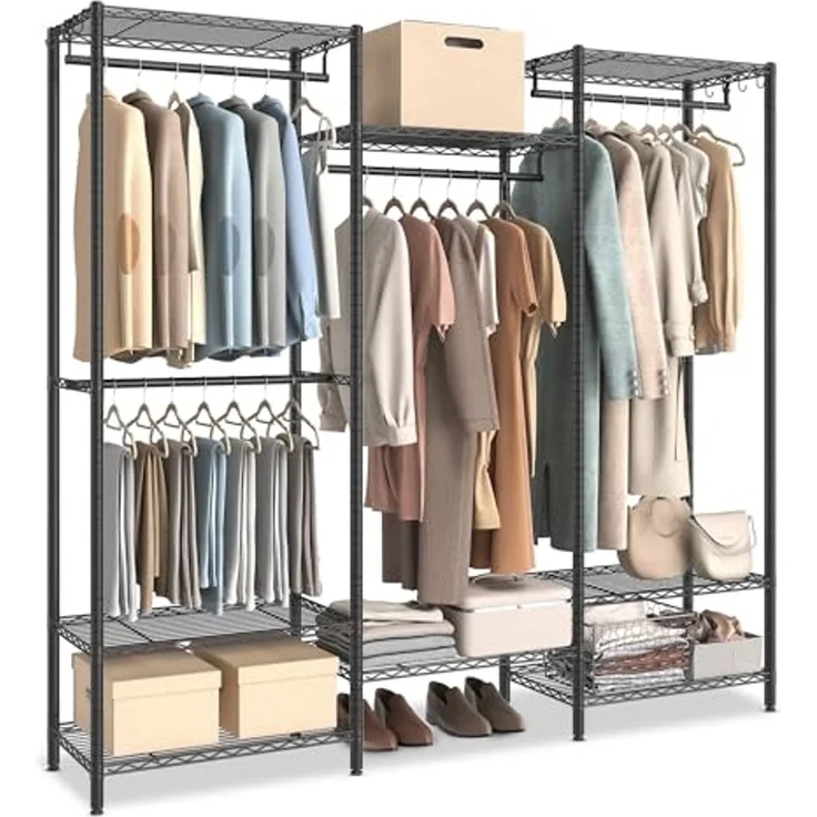 SONGMICS Kleiderständer, offener Kleiderschrank, Garderobe aus Metall, Garderobenständer mit verstellbaren Ablagen und Kleiderstangen, Haken, hochbelastbar, trennbar, tintenschwarz LGRDE431B01 – Bild 1