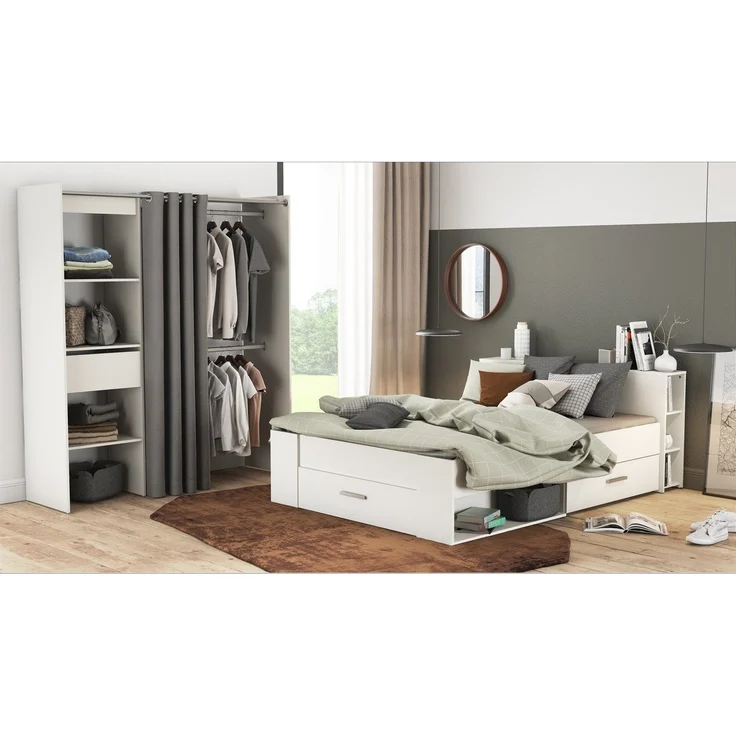 Calicosy Weißes Doppelbett mit 3 Schubladen und Nischen 140x190 cm - Pocket - Weiß matt – Bild 2