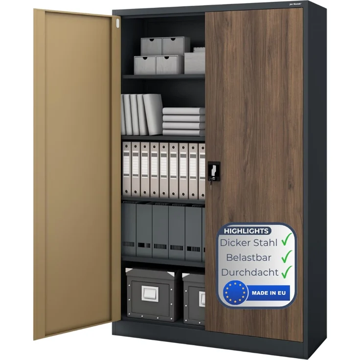 Aktenschrank abschließbar KADO - 5 Ebenen verstellbar, Flügeltüren | Metallschrank Werkstatt Mehrzweckschrank Büroschrank aus Stahl Werkzeugschrank, 185 x 115 x 40 cm Anthrazit-Nussbaum – Bild 1