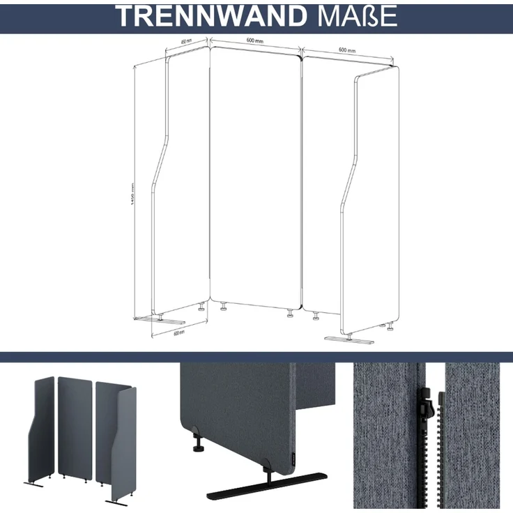 Akustik-Trennwand mit Schalldämmung PEOLT - 145x240x1,8cm Anthrazit | Stellwand Büro Raumteiler Office-Akustikwand Sichtschutz freistehend – Bild 2
