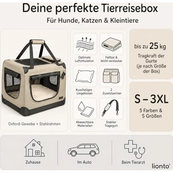 lionto Hundetransportbox, Faltbar, für Reise & Auto, 90x61x65 cm, Rot | Stabile Hundebox aus Stoff mit Netzfenstern, Tragegriffen, weicher Decke & Taschen, für Katzen & Hunde bis 22 kg geeignet – Bild 7