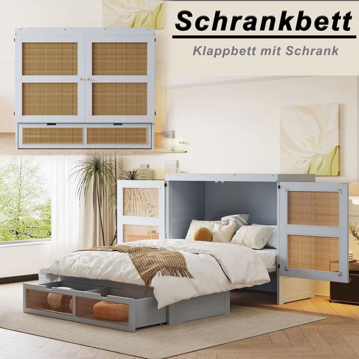 Schrankbett 140 x 200 cm, Wandbett mit Lattenrost, Wandklappbett, Vertikales schrankbett mit Lattenrost, mit Stauraumschubladen, Rattan-Design, Holzbetten, Jugendbetten, Einzelbetten, Grau – Bild 4