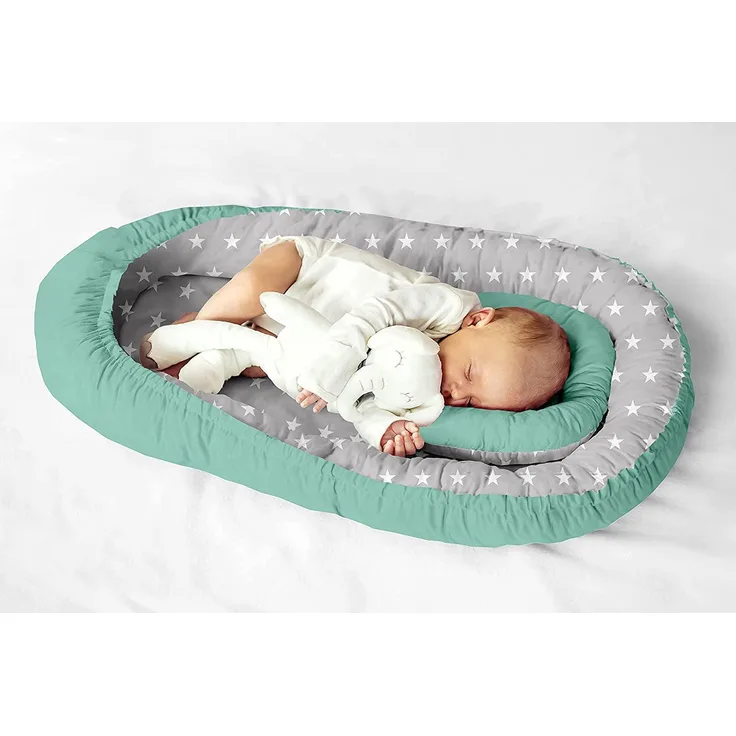 Multifunktionale Kuschelnest Babynest Kokon für Babys und Säuglinge, Nestchen, Reisebett, 100% Baumwolle, antiallergisch,Minze/Graue Sterne