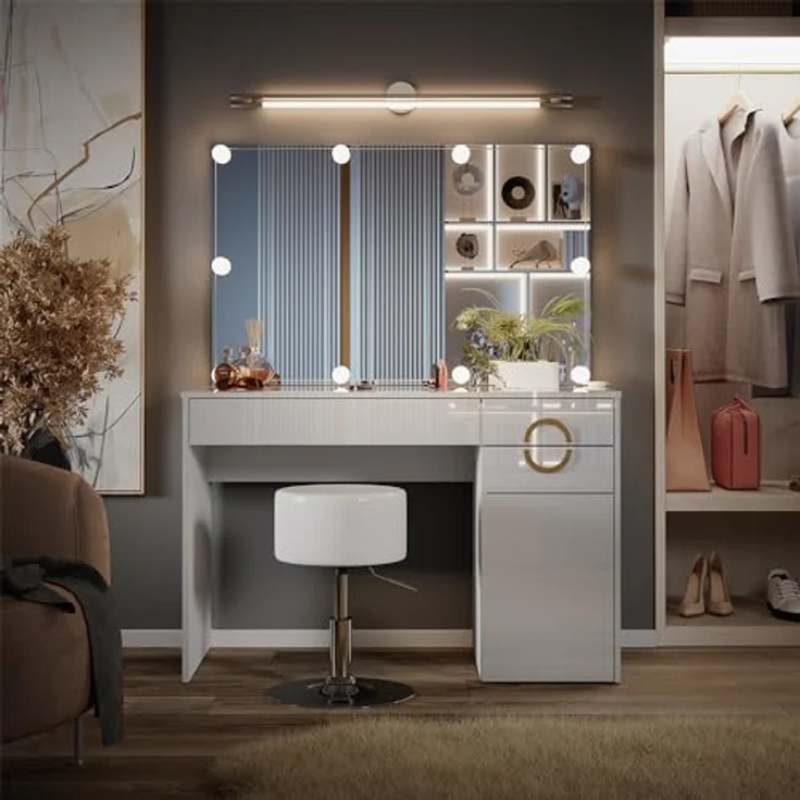 Vicco Schminktisch Adela, Weiß Hochglanz, mit Spiegel, LED-Lichterkette, 3 Fächern und 2 Schubladen, 115x76.4x55 cm – Bild 1