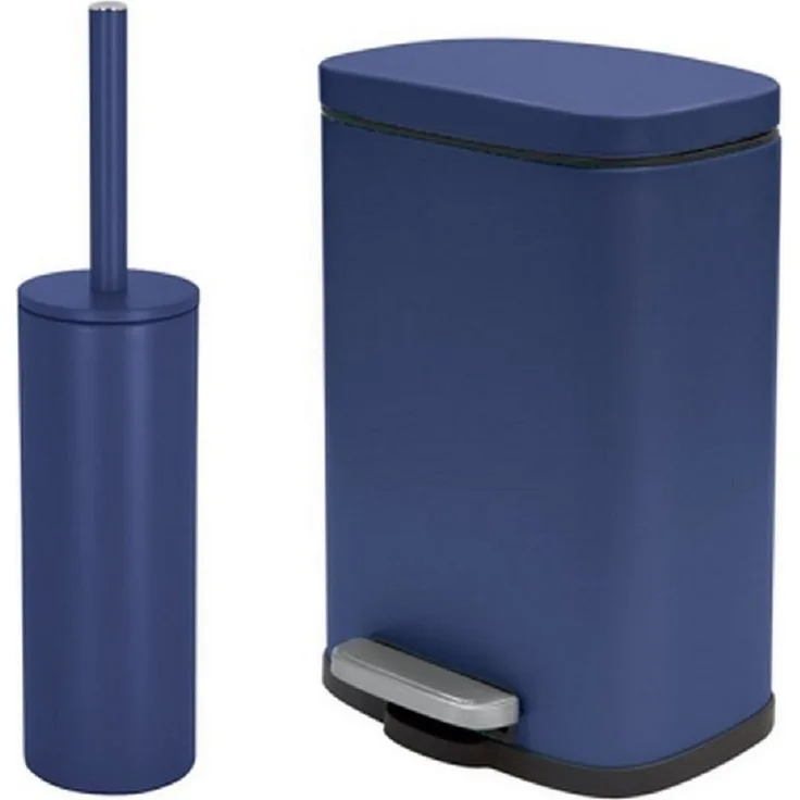 spirella Badaccessoires-Sets AKIRA, Badezimmer Zubehör-Set, 2-tlg, bestehend aus Kosmetikeimer 5L Treteimer mit SoftClose Absenkautomatik und WC Garnitur mit hygienischem Innenbehälter und Deckel, Stahl matt-satiniert, angesagte Trendfarben, blau, Komb...