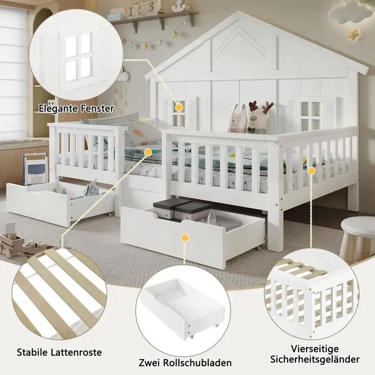 Kinderbett mit Schubladen, Lattenrost und Zaun, 90x200cm, Rausfallschutz, Stauraumbett, Jugendbett, Holzbett, Hausbett, Kiefer – Bild 4