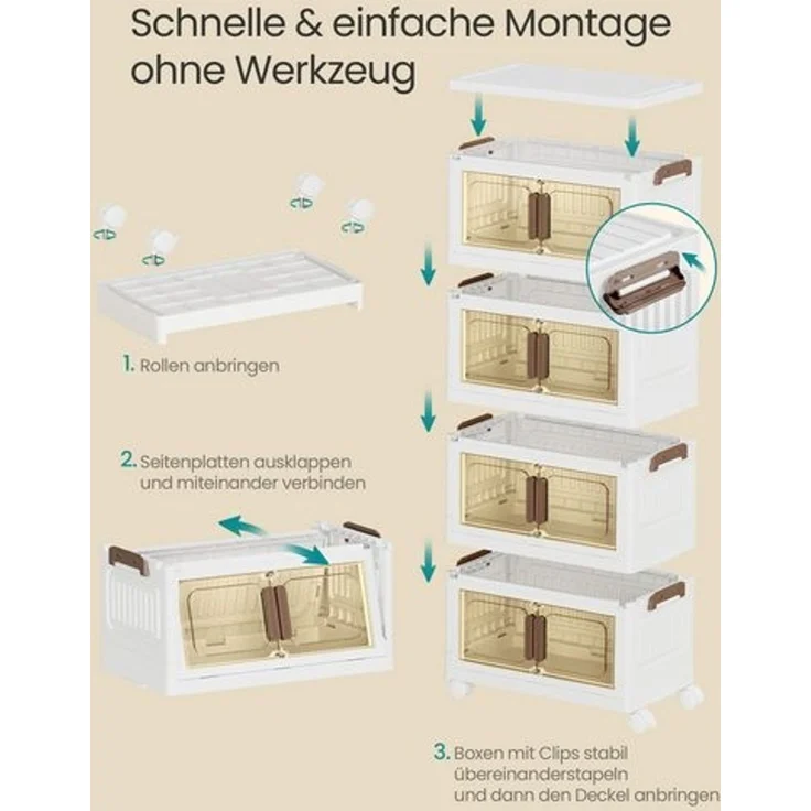 SONGMICS Organizer auf Rollen, 4 Ebenen, Boxen mit Deckel, aus Kunststoff, stapelbar, 100 L, weiß – Bild 3