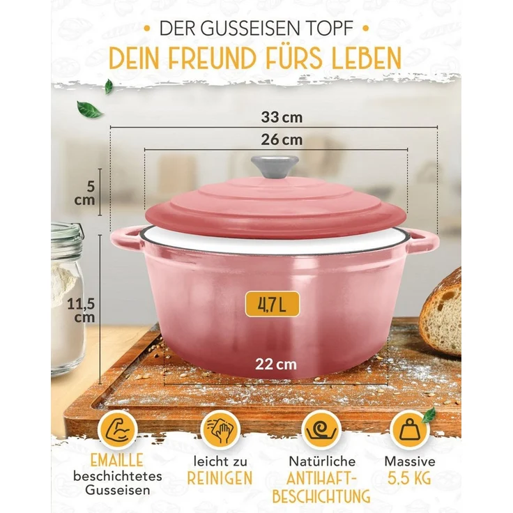 Krustenzauber Kasserolle Gusseisen Topf als Kochtopf, Schmortopf oder Brotbackform – Bild 3