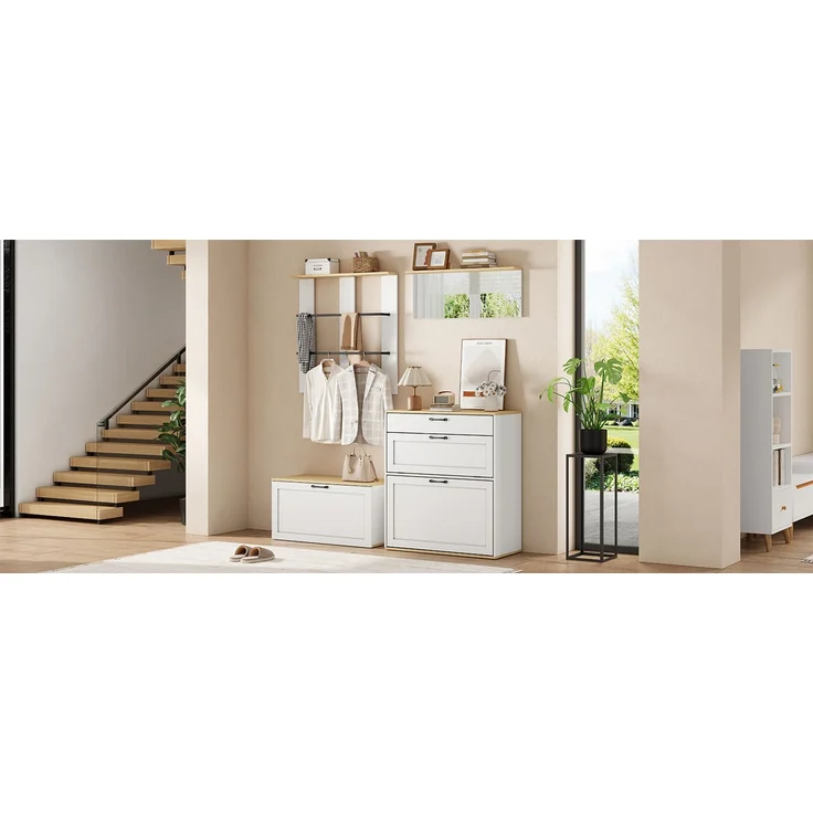 Garderoben-Set, Schrank, Schublade, Spiegel,Multifunktionale Garderobe,Schuhschrank mit Schuhbank, Kann frei kombiniert werden,Geeignet für Eingangsbereich, Wohnzimmer,Weiß + Holzton,156x36x176cm--Weiß+Natur--156x36x176cm--YOUDENOVA – Bild 9