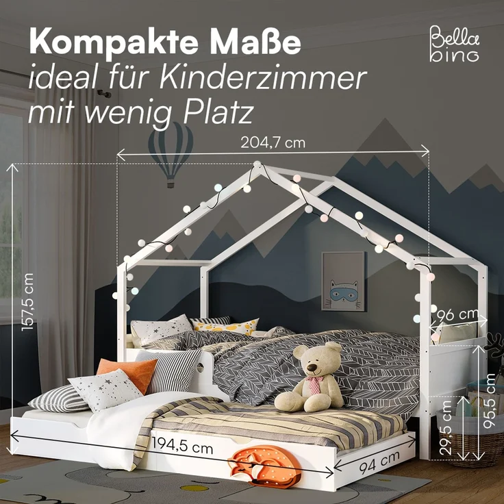 Bellabino 'Bela' Hausbett 90x200 cm mit Gästebett 90x190 cm, weiß, Kiefer Massivholz, Montessori Kinderbett mit Ausziehbett, inkl. Rausfallschutz und Lattenrost – Bild 8