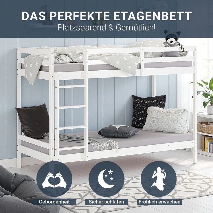 Homestyle4u Etagenbett, Kiefernholz weiß, 90x200 cm – Bild 6