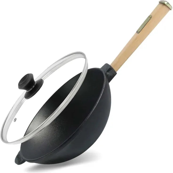 Wok Bratpfanne Ø24 cm 2,2 L aus Gusseisen mit Holzgriff Glasdeckel Asia Wokpfanne Induktion