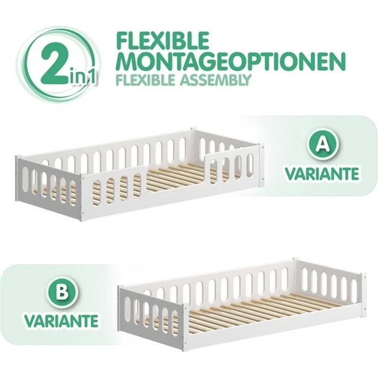 CADANI Monte 2in1 Bodenbett 90x200 cm Montessori Kinderbett Rausfallschutz abnehmbar - weiß, 37 kg schwer, bis 200 kg belastbar, extra starker Roll-Lattenrost, umbaubar – Bild 4