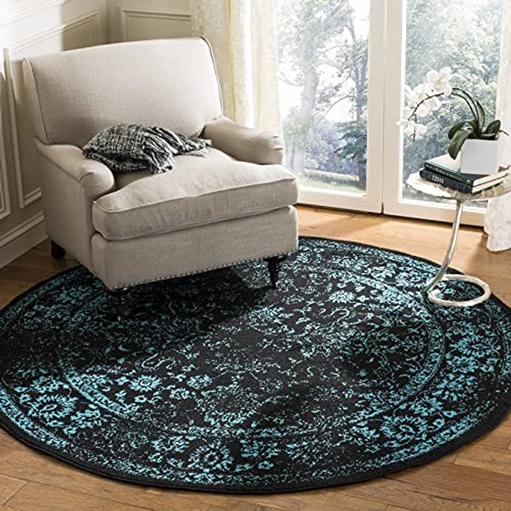 Safavieh Runder Teppich 183 cm Rund - Adirondack Collection - Transitional Design, Schwarz & Petrol, Pflegeleichte Synthetikmischung, Ideal für Wohnzimmer, Schlafzimmer, Büro – Bild 7