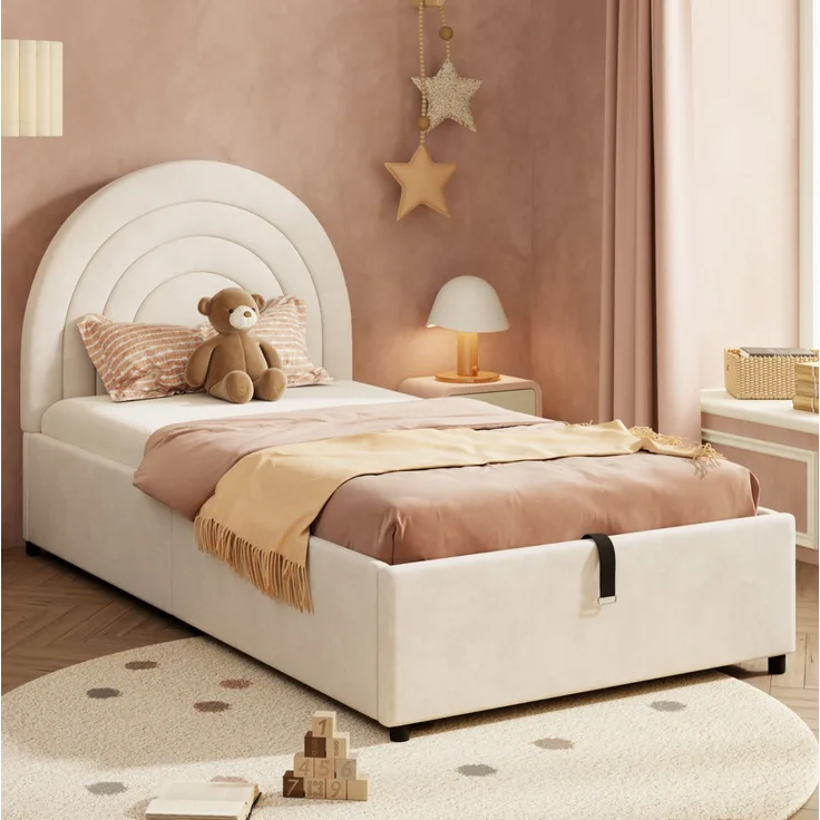 Polsterbett 90x200 cm mit hydraulischem Stauraum – Samt in Beige, eingebettetes Matratzendesign