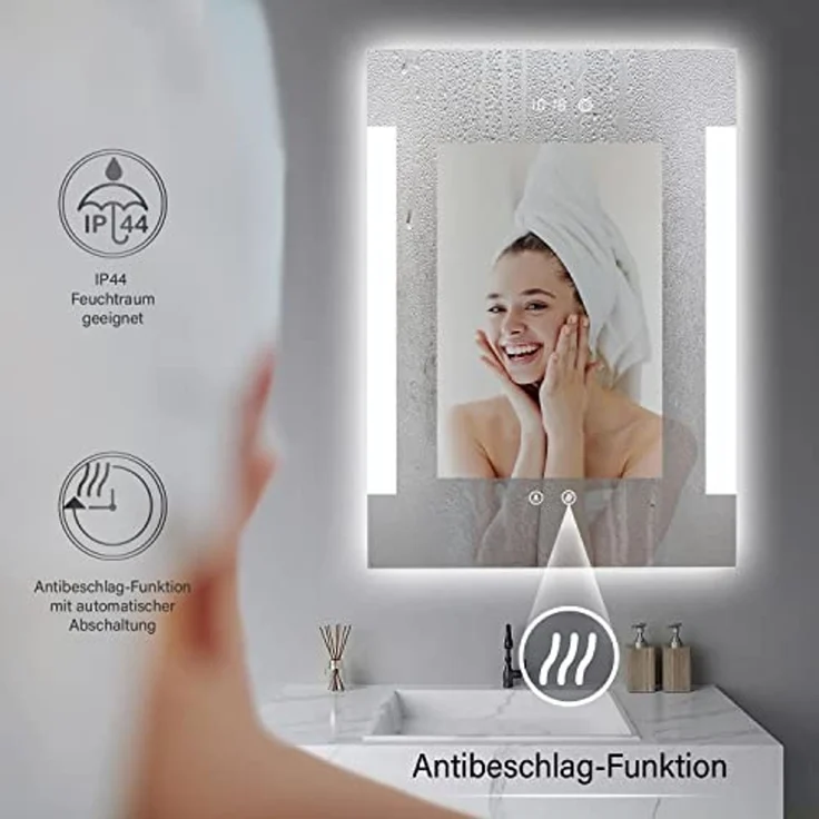 HOKO® Beleuchteter Kosmetikspiegel mit LED-Beleuchtung, mit Digitaluhr, beschlagfrei, 50 x 70 cm, Energieklasse A+ 016A – Bild 4