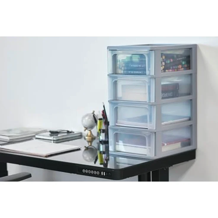 Iris Ohyama, Kunststoff Schubladenbox mit 4 flachen Schubladen, Grau, Easy-Pull-System, A4, A5 & A6 Format, Schreibtisch Organizer für Büro, Schule, Schreibwaren, BPA-frei, Schubladenschrank, OCH-2004 – Bild 4