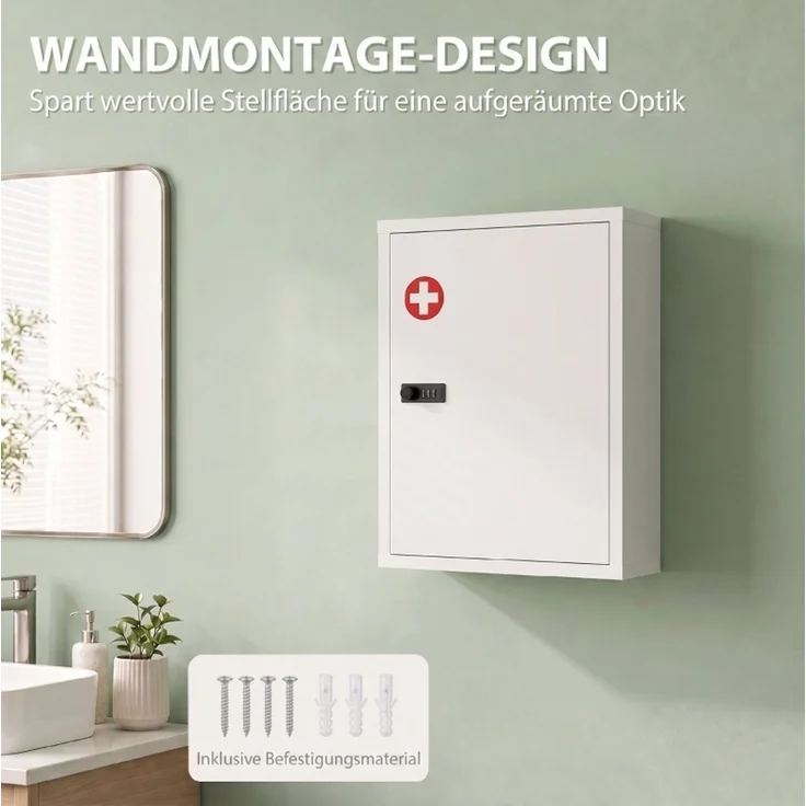 Medizinschrank 40 x 15 x 53,5 cm zur Wandmontage mit Zahlenschloss und drei Stauraumbereichen – Bild 6
