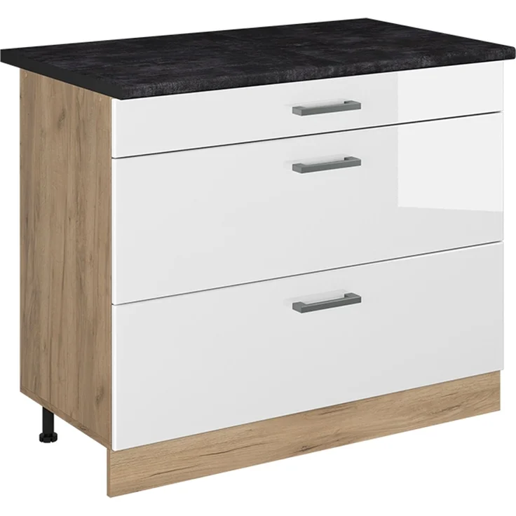Küchenunterschrank R-Line Weiß Hochglanz/Goldkraft Eiche 100 cm Arbeitsplatte Anthrazit Vicco – Bild 1