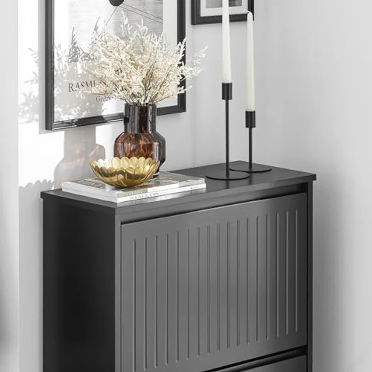 SoBuy Schuhschrank, Schwarz, Holzwerkstoff, 3 Klappfächer, verstellbare Böden, 61x120x26 cm – Bild 5