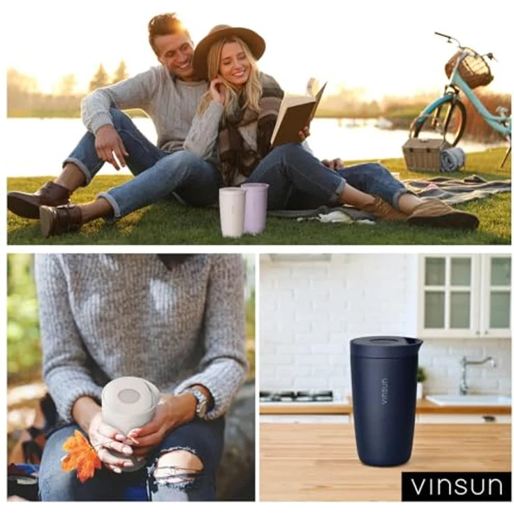 Vinsun Thermobecher Edelstahl Isolierbecher 350ml - Kaffeebecher to Go auslaufsicher, 2-tlg, Edelstahl, Doppelwandig, BPA frei, bruchfest, Einhandbedienung per Knopfdruck – Bild 10