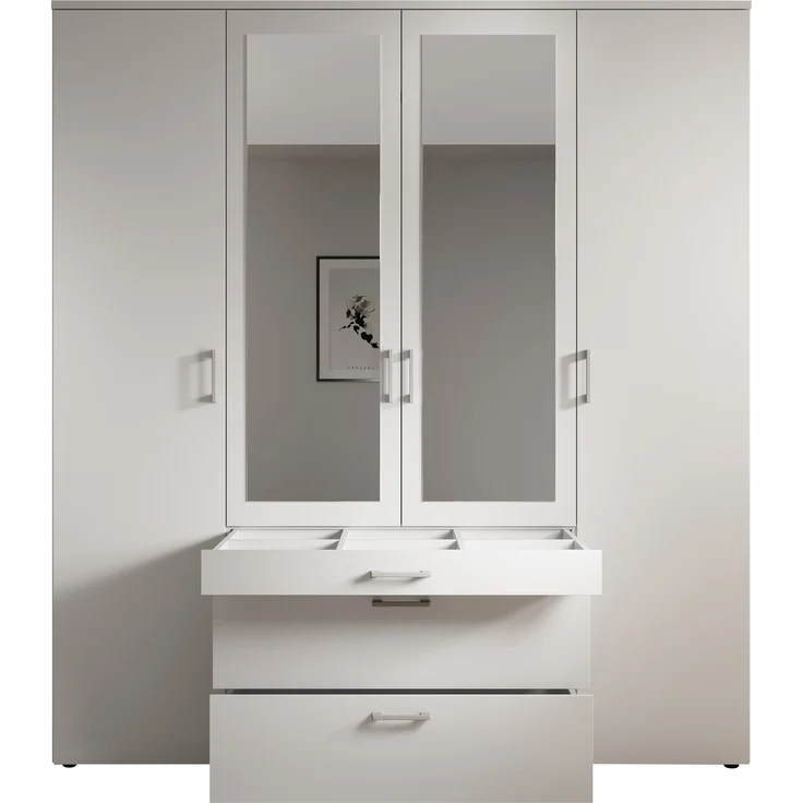 Drehtürenschrank >Vesala< 4 Türen, 3 Schübe, Weiß / Spiegel - 180x195x56cm (BxHxT) – Bild 9