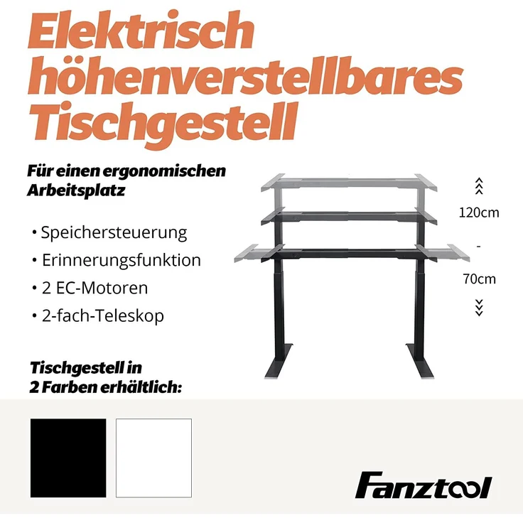 FANZTOOL höhenverstellbarer Schreibtisch-Gestell mit 2 x Bosch Motoren elektrisch stufenlos in Schwarz, Arbeitstisch Tischbeine mit Memory-Funktion, USB Steckdose, Kabelwanne – Bild 4