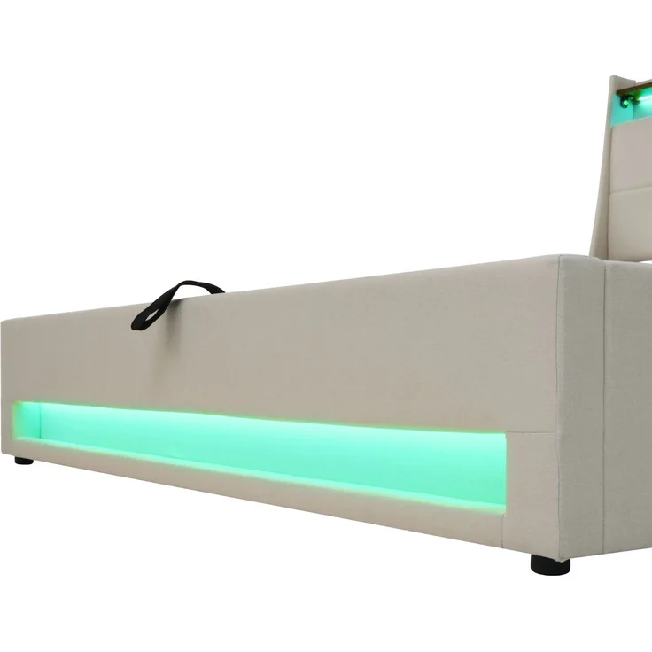 Polsterbett 90x200 cm Einzelbett mit LED-Beleuchtung, USB-Ladestation, Lattenrost und Stauraum, Leinen, Beige – Bild 8