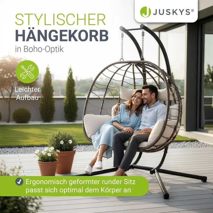 Juskys Doppelhängesessel Aria - Polyrattan Hängesessel mit Gestell & Kissen - Schaukel für zwei Personen - Outdoor Indoor Sessel - XXL Korb Beige – Bild 8