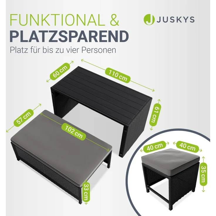Juskys 2in1 Polyrattan Relax Gartenmöbel Set Jamaika - Tisch, Gartenlounge Sofa - Balkonmöbel Sitzgruppe für Balkon, Garten - Outdoor Lounge schwarz / grau – Bild 4