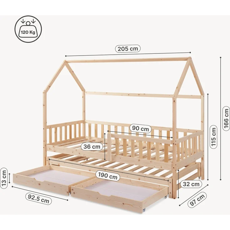 Doppel-Kinderbett Aarghonmaa mit Matratze 90x200 cm Kiefernholz Natur [en. casa] – Bild 3