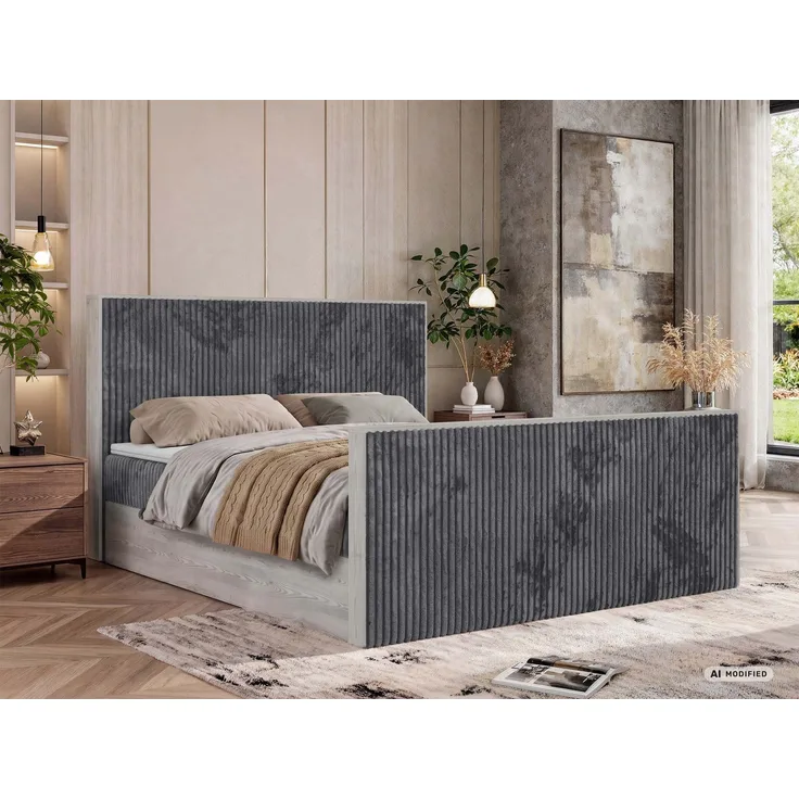 Boxspringbett NORDIC DUO 160 x 200 cm mit Matratze H3, hohe Kopfteil Doppelbett inkl. Topper T25 Holzoptik zwei Bettkästen - Grau Cord