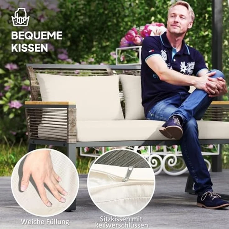 Outsunny Sitzgruppe 4 Personen, mit 2er Sofa, 2 Stühle, Glastisch, Kissen, (wetterfest Balkonmöbel-Set, 4-tlg, Polyrattan Gartenmöbel Set), Gartenlounge für Garten Balkon Grau+Beige – Bild 5