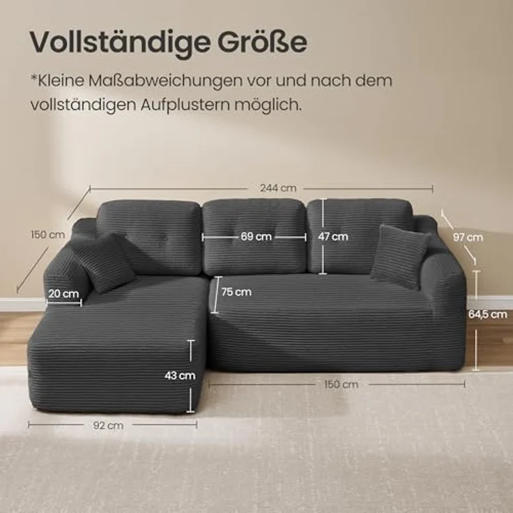 VASAGLE Ecksofa, modulares Sofa 244 cm breit, vakuumverpackt, Schlafsofa, Keine Montage erforderlich, mit großer Chaiselongue Links, für Wohnzimmer, Gästezimmer, schiefergrau LCS183GN01 – Bild 7
